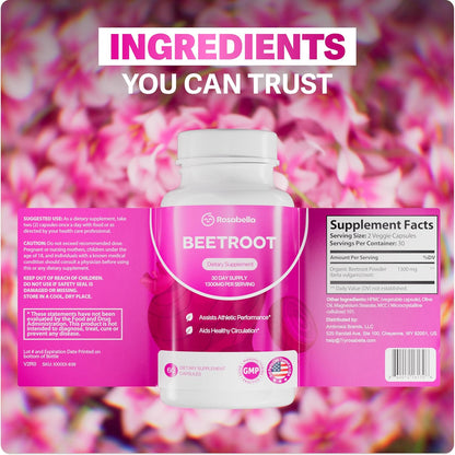 ROSABELLA ORGANIC BEET ROOT CAPSULES -130OMG BEET RO0T POWDER AID SHEALTHY CIRCULATION & VITALITY, NON-GMO, BEET ROOT SUPPLEMENT