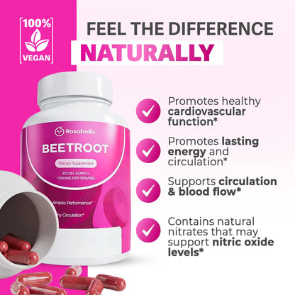 ROSABELLA ORGANIC BEET ROOT CAPSULES -130OMG BEET RO0T POWDER AID SHEALTHY CIRCULATION & VITALITY, NON-GMO, BEET ROOT SUPPLEMENT